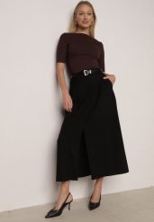 Czarna Wiskozowa Spódnica o Rozkloszowanym Kroju z Rozcięciem i Paskiem Jaelia. Czarne spódnice Born2be, do pracy, l, bez wzorów, z wiskozy, biznesowe, maxi, koszulowe. Za 129.99 zł.