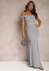 Szara Taliowana Sukienka Maxi z Rozcięciem Perlina. Szare sukienki Renee, l, bez wzorów, eleganckie, bez kołnierzyka, bez ramiączek, maxi, rozkloszowane. W wyprzedaży za 127.99 zł.