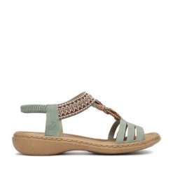 Sandały Rieker. Zielone sandały Rieker, bez wzorów, bez obcasa, na płaskiej podeszwie, bez zapięcia. Za 319.99 zł.