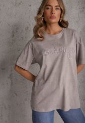 Szary Oversizowy T-shirt z Bawełny Zdobiony Haftem z Cekinami Marivia. Szare t-shirty Renee, l, z aplikacjami, z bawełny, eleganckie, bez kołnierzyka, bez ramiączek. Za 69.99 zł.