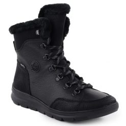Skórzane wodoodporne botki damskie z futerkiem czarne Rieker Z0000-00. Czarne botki Rieker, bez wzorów, ze skóry, bez obcasa, bez zapięcia. Za 272.35 zł.