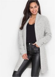 Długi sweter bez zapięcia z szalowym kołnierzem. Szare swetry bonprix, bez wzorów, bez ramiączek. Za 129.99 zł.