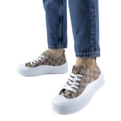 Brązowe trampki zdobione monogramem Cavi beżowy. Brązowe trampki z aplikacjami, z tkaniny, bez zapięcia. Za 73.01 zł.