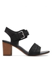 Clarks Skórzane sandały "KarseaHi Seam" w kolorze czarnym na obcasie rozmiar: 41,5. Czarne sandały Clarks, bez wzorów, ze skóry, z otwartym noskiem, bez obcasa, na koturnie, bez zapięcia. Za 134.53 zł.