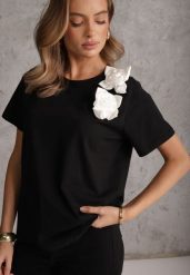Czarno-Biały Bawełniany T-shirt o Klasycznym Kroju z Kwiatowymi Aplikacjami 3D Morgane. Czarne t-shirty Renee, l, z aplikacjami, z bawełny, casualowe, bez kołnierzyka, bez ramiączek. Za 69.99 zł.