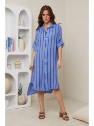 Rodier Lin Lniana sukienka w kolorze granatowo-niebieskim rozmiar: XL/XXL. Niebieskie sukienki Rodier Lin, xl, bez wzorów, ze lnu, bez kołnierzyka, bez ramiączek, midi. Za 216.73 zł.