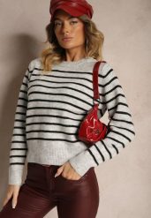 Jasnoszary Casualowy Sweter w Paski o Prostym Kroju Riavelleth. Szare swetry Renee, bez wzorów, z jeansu, casualowe, bez ramiączek. W wyprzedaży za 119.99 zł.