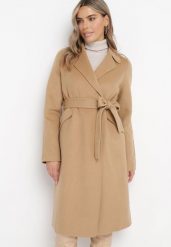 Brązowy Dwurzędowy Płaszcz Wiązany w Pasie Opulica. Brązowe płaszcze Born2be, l, bez wzorów, z materiału, bez kaptura. W wyprzedaży za 365.49 zł.