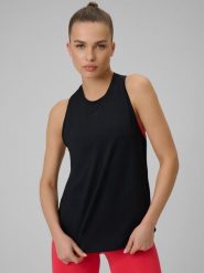 4F Top treningowy szybkoschnący damski - czarny L. Czarne topy 4f, l, bez wzorów, z materiału, klasyczne, bez kołnierzyka, bez ramiączek. Za 79.99 zł.