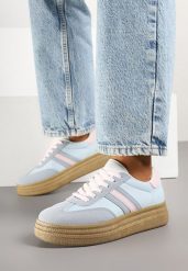 Niebieskie Sneakersy Kultowe Tenisówki na Grubej Podeszwie Ozdobione Wzorem w Panterkę Gonelis. Niebieskie trampki Renee, bez wzorów, z jeansu, bez zapięcia. W wyprzedaży za 75.99 zł.