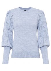 Sweter w ażurowy wzór. Niebieskie swetry bonprix, w ażurowe wzory, bez ramiączek. Za 107.99 zł.