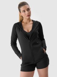 4F Bluza treningowa szybkoschnąca rozpinana z kapturem damska - czarna XS. Czarne bluzy z kapturem 4f, xs, bez wzorów, z dzianiny, z kapturem, do biegania. W wyprzedaży za 99.99 zł.