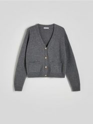 Wełniany kardigan - szary. Szare swetry Reserved, l, bez wzorów, z dzianiny, bez ramiączek. W wyprzedaży za 139.99 zł.