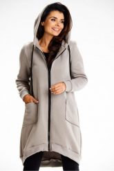 Długa bluza damska z kapturem i kieszeniami szary. Szare bluzy Infinite You, l, bez wzorów, z bawełny, eleganckie, bez ramiączek, z kapturem. Za 299.00 zł.