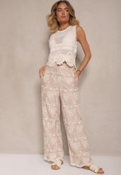 Beżowe Spodnie o Szerokim Kroju High Waist Ozdobione Haftem Issedi. Brązowe jeansy Renee, l, bez wzorów, z jeansu, z podwyższonym stanem. W wyprzedaży za 80.99 zł.
