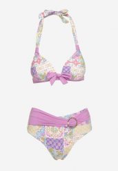 Fioletowo-Beżowe Bikini z Ozdobnym Wzorem i Paskiem z Klamrą na Figach Uptella. Fioletowe bikini Born2be, bez wzorów. Za 99.99 zł.