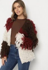 Bordowy Niezapinany Kardigan z Dodatkiem Wełny o Fakturze Imitującej Pióra Lanida. Czerwone swetry Born2be, bez wzorów, z dzianiny, biznesowe, bez ramiączek. Za 189.99 zł.