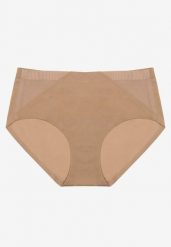 Beżowe Majtki Figi High Waist z Bezszwowym Wykończeniem Kolaniris. Brązowe figi Renee, bez wzorów, z jeansu, z podwyższonym stanem. W wyprzedaży za 11.99 zł.