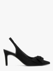 Welurowe czółenka typu slingback z kokardą OFELIA. Czarne czółenka Ryłko, bez wzorów, z gumy, bez obcasa, na szpilce, bez zapięcia. Za 349.99 zł.