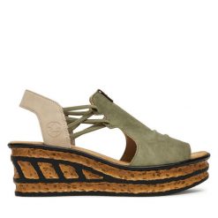 Sandały Rieker. Zielone sandały Rieker, bez wzorów, bez obcasa, na koturnie, bez zapięcia. Za 319.99 zł.