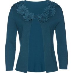 Sweter rozpinany z kwiatową aplikacją bonprix niebieskozielony. Niebieskie swetry bonprix, z aplikacjami. Za 129.99 zł.