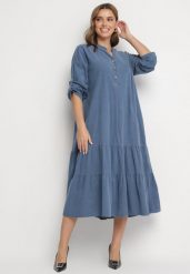 Niebieska Bawełniana Rozkloszowana Sukienka z Falbanką i Regulowanymi Rękawami Rivesi. Niebieskie sukienki Born2be, na co dzień, bez wzorów, z bawełny, eleganckie, bez kołnierzyka, bez ramiączek, midi, proste. W wyprzedaży za 161.49 zł.