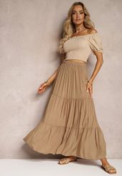 Ciemnobeżowa Wiskozowa Spódnica High Waist z Gumką w Talii i Falbanką Christiara. Brązowe spódnice Renee, bez wzorów, z materiału, maxi. W wyprzedaży za 39.99 zł.