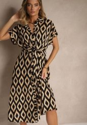 Czarna Koszulowa Sukienka z Wiskozy Ozdobiona Geometrycznym Motywem Ralomia. Czarne sukienki Renee, na co dzień, m, bez wzorów, z wiskozy, eleganckie, bez kołnierzyka, bez ramiączek, maxi, koszulowe. W wyprzedaży za 63.99 zł.