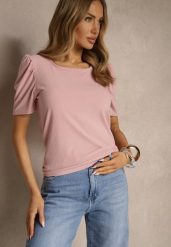 Różowy T-shirt z Prążkowanej Tkaniny z Zakładkami przy Rękawach Kolaniella. Czerwone t-shirty Renee, l, bez wzorów, z jeansu, eleganckie, bez kołnierzyka, bez ramiączek. W wyprzedaży za 31.99 zł.