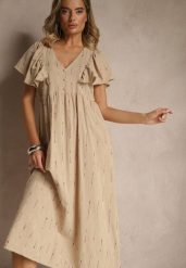 Beżowa Rozkloszowana Sukienka z Bawełny Zdobiona Falbanami Silonia. Brązowe sukienki Renee, na spotkanie biznesowe, l, z aplikacjami, z bawełny, eleganckie, bez kołnierzyka, bez ramiączek, rozkloszowane. W wyprzedaży za 127.99 zł.