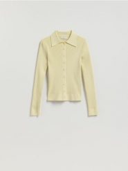 Kardigan z kołnierzykiem - jasnozielony. Zielone swetry Reserved, l, bez wzorów, z dzianiny, bez ramiączek. Za 119.99 zł.