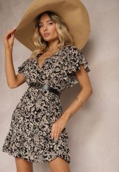 Czarno-Beżowa Sukienka z Bawełny o Rozkloszowanym Kroju Ozdobiona Falbanami i Gumką w Talii Neliaura. Czarne sukienki Renee, na co dzień, l, bez wzorów, z bawełny, eleganckie, bez kołnierzyka, bez ramiączek, mini, kopertowe. W wyprzedaży za 39.99 zł.