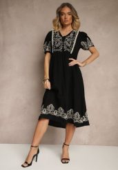 Czarna Rozkloszowana Sukienka z Bawełny w Stylu Boho z Haftowanymi Zdobieniami Lannilsa. Czarne sukienki Renee, na spotkanie biznesowe, l, z aplikacjami, z bawełny, boho, bez kołnierzyka, bez ramiączek, midi, rozkloszowane. W wyprzedaży za 119.99 zł.