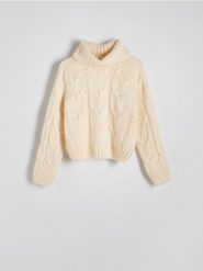 Sweter z golfem - kremowy. Białe swetry Reserved, l, bez wzorów, z dzianiny, bez ramiączek. W wyprzedaży za 69.99 zł.