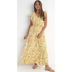 Żółta Sukienka Timaia. Żółte sukienki Born2be, m, z aplikacjami, z tkaniny, bez kołnierzyka, bez ramiączek, maxi, kopertowe. Za 119.99 zł.
