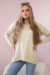 Sweter z kieszeniami z przodu beżowy. Brązowe swetry KESI, na jesień, l, bez wzorów, z jeansu, eleganckie, plus size, bez ramiączek. Za 178.78 zł.
