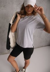 Szary Bawełniany T-shirt Ozdobiony po Bokach Rozcięciami Brinelle. Szare t-shirty Renee, m, bez wzorów, z bawełny, eleganckie, bez kołnierzyka, bez ramiączek. Za 39.99 zł.