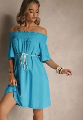 Niebieska Sukienka Hiszpanka z Bawełną i Wiskozą Ozdobiona Sznurkiem Lilarelle. Niebieskie sukienki Renee, na co dzień, m, bez wzorów, z bawełny, eleganckie, bez kołnierzyka, bez ramiączek, mini, z odkrytymi ramionami. W wyprzedaży za 51.99 zł.