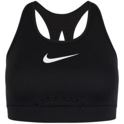 Stanik damski Nike Swoosh Bra, średnie wsparcie, Dri-FIT. Czarne biustonosze sportowe Nike, bez wzorów, z poliesteru, na fitness i siłownię, dri-fit (nike). Za 57.47 zł.