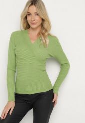 Zielony Sweter Kopertowy z Prążkowanej Dzianiny Zaki. Zielone swetry Born2be, s, bez wzorów, z dzianiny, eleganckie, bez ramiączek. W wyprzedaży za 59.49 zł.