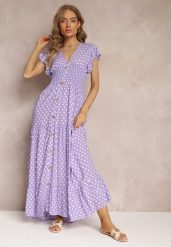 Fioletowa Rozkloszowana Sukienka Maxi w Kropki z Gumką w Talii Janey. Fioletowe sukienki Renee, na co dzień, l, bez wzorów, bez kołnierzyka, bez ramiączek, maxi, rozkloszowane. W wyprzedaży za 63.99 zł.