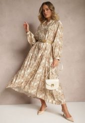 Beżowa Wiskozowa Sukienka w Ornamentalny Wzór o Rozkloszowanym Kroju Gonalia. Brązowe sukienki Renee, na co dzień, m, bez wzorów, z wiskozy, eleganckie, bez kołnierzyka, bez ramiączek, maxi, oversize. W wyprzedaży za 99.99 zł.