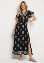 Czarna Sukienka w Ornamentalny Wzór z Elastycznym Paskiem Tosvanna. Czarne sukienki Born2be, na co dzień, l, z aplikacjami, eleganckie, bez kołnierzyka, bez ramiączek, maxi, kopertowe. Za 119.99 zł.