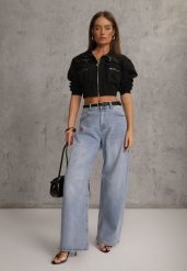 Niebieskie Jeansy Balloon z Bawełną High Waist Pronadina. Niebieskie jeansy Renee, bez wzorów, z bawełny, retro, z podwyższonym stanem. Za 109.99 zł.