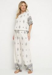 Beżowo-Szary Komplet Wiskozowy Bluzka i Spodnie w Boho Wzór Divenna. Brązowe bluzki Born2be, l, z aplikacjami, z materiału, boho, bez kołnierzyka, bez ramiączek. Za 99.99 zł.