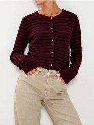 Rozpinany sweter w paski - bordowy. Czerwone swetry Sinsay, l, bez wzorów, bez ramiączek. Za 49.99 zł.