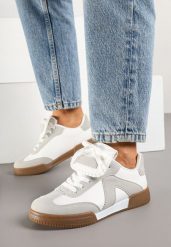 Biało-Szare Sneakersy Tenisówki z Ozdobnym Językiem Alaviela. Białe trampki Born2be, bez wzorów, z jeansu, eleganckie, bez zapięcia. W wyprzedaży za 84.99 zł.