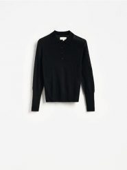 Wełniany sweter polo - czarny. Czarne swetry Reserved, l, bez wzorów, z wełny, bez ramiączek. Za 199.99 zł.