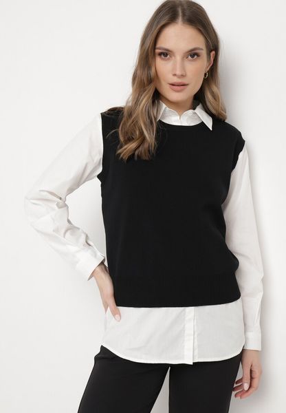 Czarna Kamizelka z Prążkowanej Dzianiny z Klasyczną Koszulą Verisande. Czarne koszule Born2be, bez wzorów, z dzianiny, casualowe, bez kołnierzyka, bez ramiączek. Za 79.99 zł.