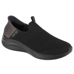 Buty sportowe Sneakersy damskie, Skechers Ultra Flex 3.0 Smooth Step Slip-ins. Czarne buty treningowe Skechers, bez wzorów, z materiału, przed kostkę, bez zapięcia, trekkingowe. Za 349.99 zł.